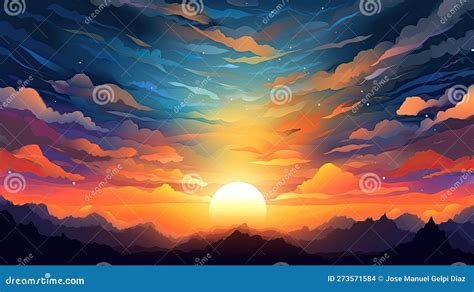 Illustrated Sky With Clouds Sun Stars And Sunrise Or Sunset