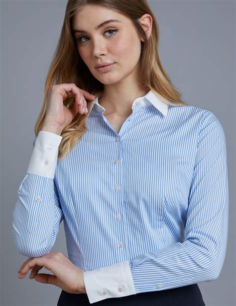 Womens Blue And White Bengal Stripe Fitted Slim Shirt With Contrast Collar And Cuff Single Cuff