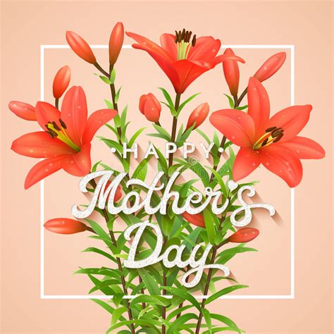 floral greeting card for mothers day with pink glitter text realistic pink lilies with water