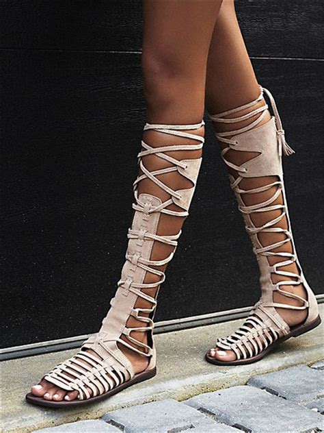 Summer Fashion Lace Up Long Gladiator Sandals Flat Cut Outs Knee High Women Boots Peep Toe Plus