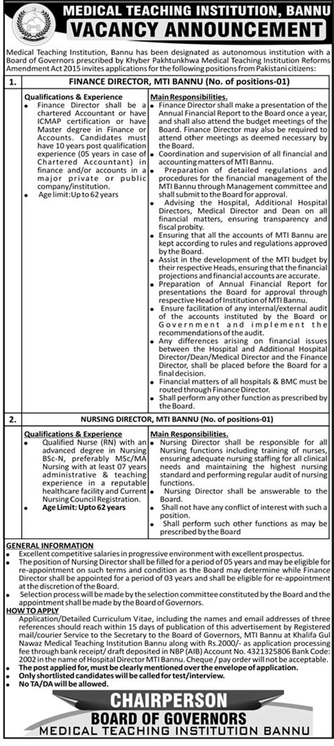 Positions Available At Medical Teaching Institution Bannu Job