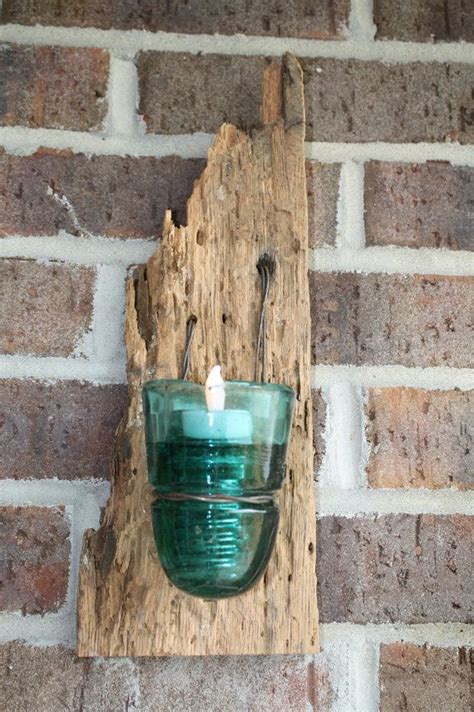 Set Of Two Barn Wood Rustic Reclaimed Candle Sconces With Blue Vintage