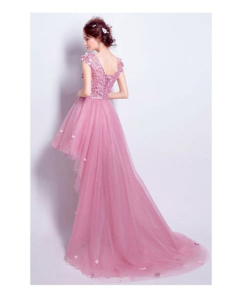 Pink A Line Scoop Neck High Low Tulle Prom Dress With Appliques Lace