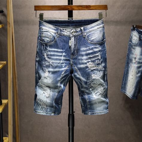 Summer Thin Denim Shorts Men Slim Fit Straight Street Wear Splash Ink Stitching Five Point Pants