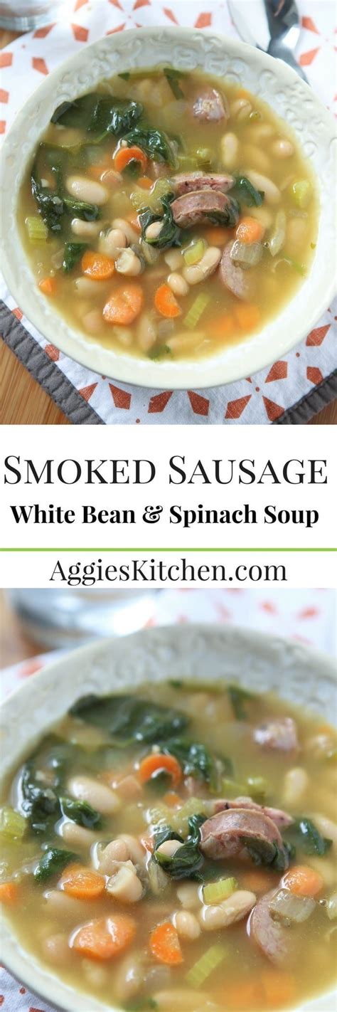 Bring to a boil over medium heat, then reduce heat, cover, and simmer for an hour. Smoked Sausage and White Bean Soup with Spinach | Recipe ...