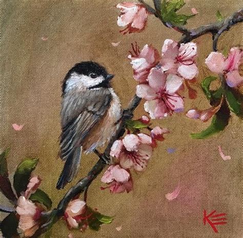 Daily Paintworks Chickadee Blossoms Original Fine Art For Sale