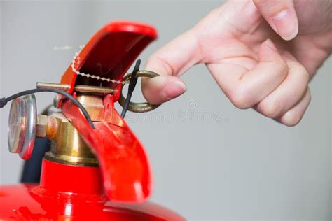 Close Up Fire Extinguisher And Pulling Pin On Red Tank Stock Image Image Of Hose Home 69192661