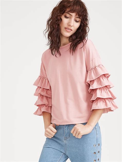 Shop Pink Layered Ruffle Sleeve T Shirt Online Shein Offers Pink Layered Ruffle Sleeve T Shirt