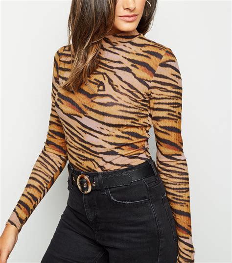 Brown Tiger Print Funnel Neck Top New Look Tiger Print Dress Tiger