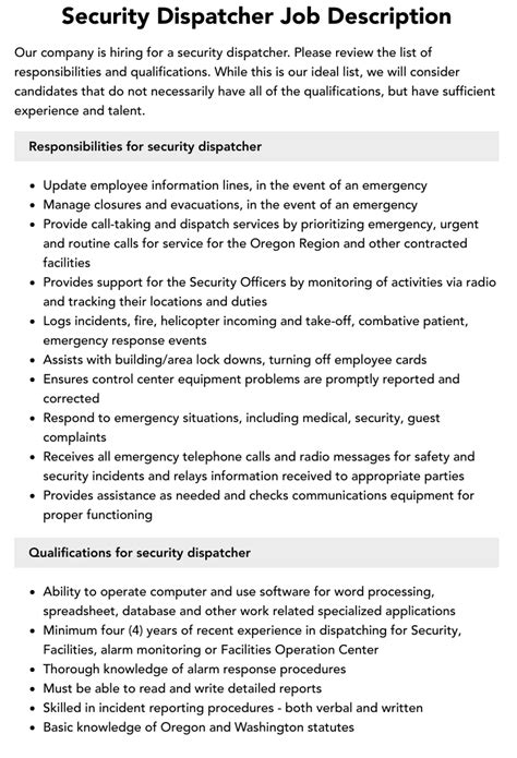 Security Dispatcher Job Description Velvet Jobs