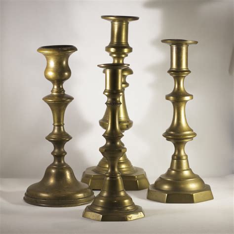 Four Antique English Victorian Brass Candlesticks Late 19th Century