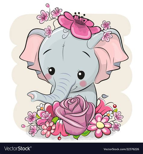 Cartoon Elephant With Flowerson A White Background Vector