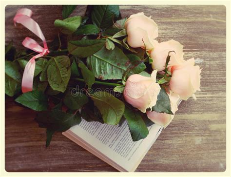 Vintage Still Life Of Roses And Book On Wood Stock Image Image Of
