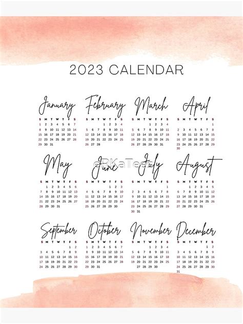 Minimalist Calendar For 2023 Pink Watercolor 2023 Calendar Poster