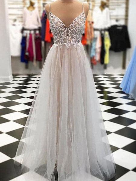 Spaghetti Straps Embroidery A Line Tulle Long Evening Prom Dresses 17
