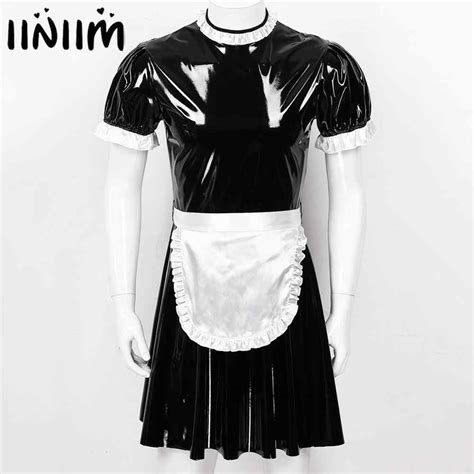 Mens Sexy Sissy Maid Fancy Cosplay Costume Outfit Turn Down Collar Puff Sleeve Front Button Down