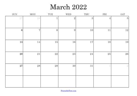 March 2022 Calendar Template Printable Printable Form Templates And