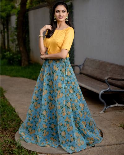 Yellow And Blue Floral Printed Organza Skirt With Banarasi Crop Top Set