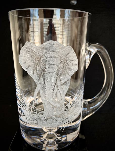 Hand Engraved Beer Mug Beer Glass Hand Engraved Glass Elephant Etched Elephants Barware