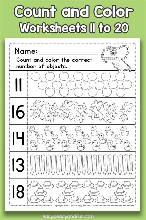Count And Color Numbers 11-20 Worksheets For Preschoolers
