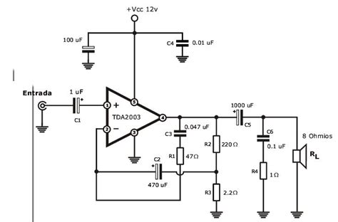 The circuit is similar to this 15w bridge amplifier. Amateur-built.: TDA2003 stereo amplifier with tone control 20 watts (10+10)