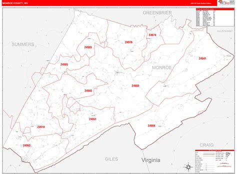 Monroe County Wv Zip Code Wall Map Red Line Style By Marketmaps Mapsales