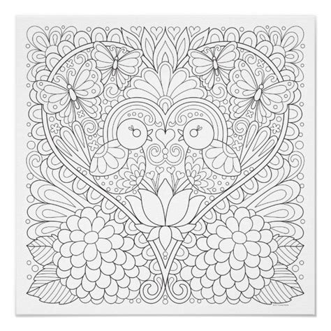Birds In Heart Coloring Poster Colorable Poster