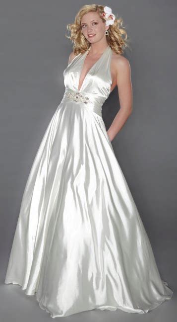 front side of nika formals 3406 white v neck halter satin a line gown 1 wedding dresses