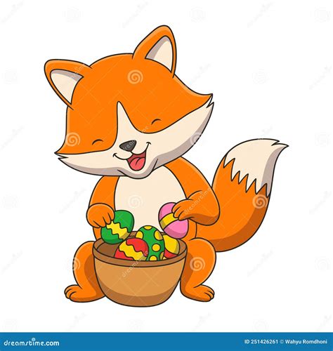 Cartoon Illustration A Fox Holding A Container Of Colorful Eggs Behind