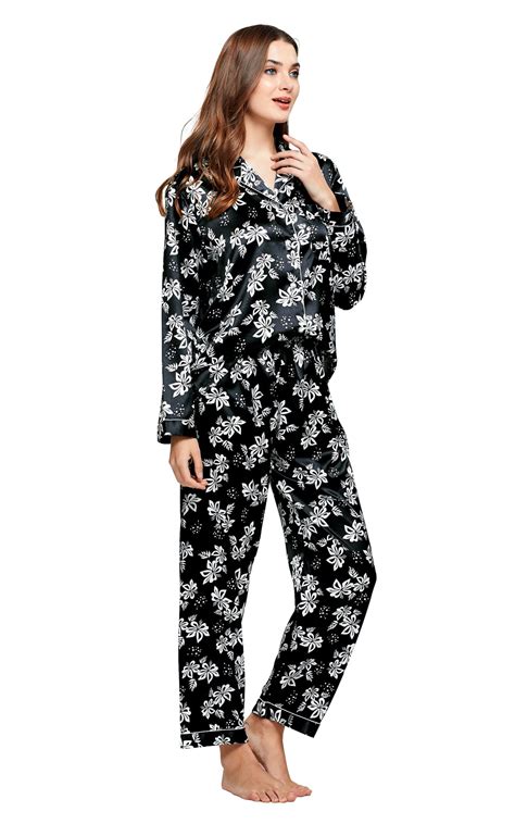Womens Silk Satin Pajama Set Long Sleeve Black With White Floral Prin Tony And Candice