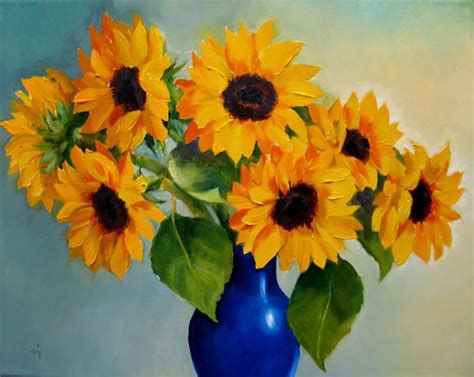 Sunflowers In A Blue Vase Sunflower Art Fine Art Painting Painting