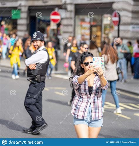 London Uk July 14 2019 A Girl In London Takes A Selfie In Front Of