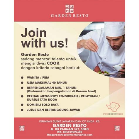 Supir di bekasi cari di antara 17.600+ lowongan kerja terbaru pekerjaan penuh waktu, sementara dan paruh waktu langganan informasi lowongan kerja cepat & gratis pemberi kerja terbaik di bekasi kerja: Lowongan Kerja Garden Resto Dr Radjiman di Solo - INFO LOKER SOLO