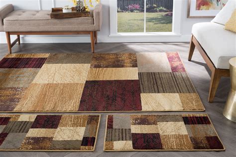 Modern Brown Geometric Blocks Squares Area Rug Contemporary Multi Color