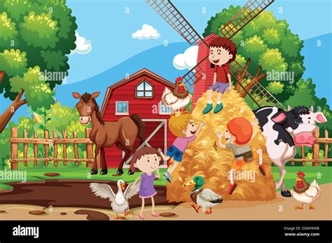 Farm Scene With All Animals Stock Vector Image And Art Alamy