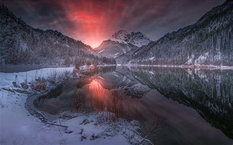 Download Wallpapers Winter Mountain Lake Sunset Evening Mountain