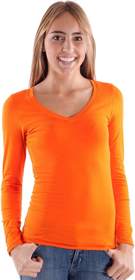 Orange Ladies V Neck Long Sleeve T Shirt Uk Clothing