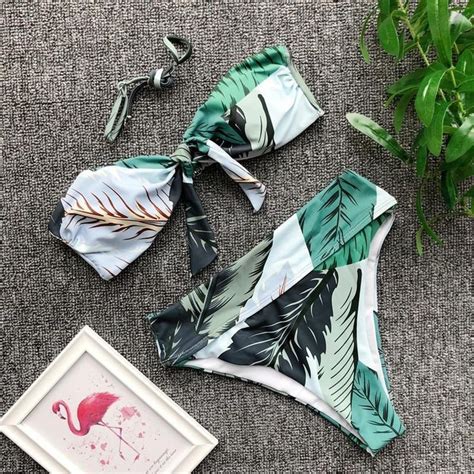 Bandeau Bikini Sets Swimwear High Waisted Leaf Print Swimsuit Leaf