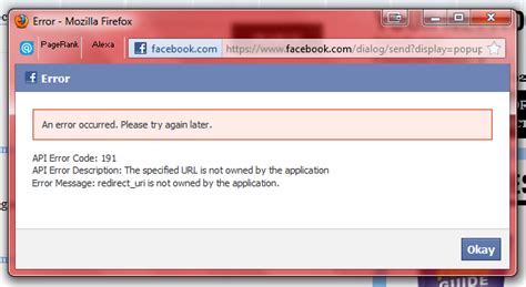 You should use social exchange sites instead of auto liker actually, dj liker is made with the aim to provide likes on facebook with auto liking application. facebook - FB.ui puzzle: inconsistent error code 191 ...