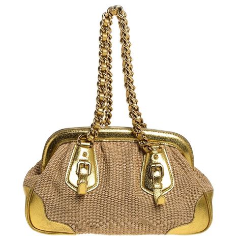 Prada Metallic Gold Straw And Leather Frame Bag For Sale At 1stdibs