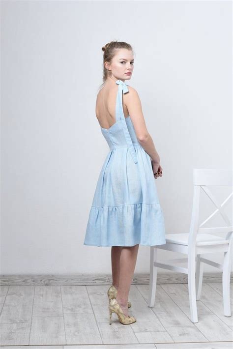 Drop Ruffle Linen Dress Sky Blue Linen Dress With Open Back Etsy