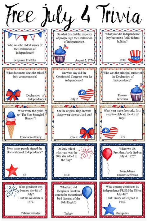 Although you're probably planning on a backyard barbecue for july 4th, sometimes things just don't always work out. Free Printable 4th of July Trivia