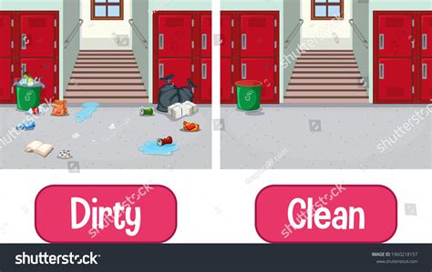 Opposite Adjectives Words Dirty Clean Illustration Stock Vector