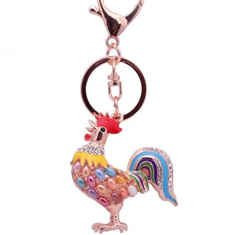 2017 Novelty Crystal Cock Rooster Chicken Key Chain Rhinestone Keychain Metal Cartoon Keyring