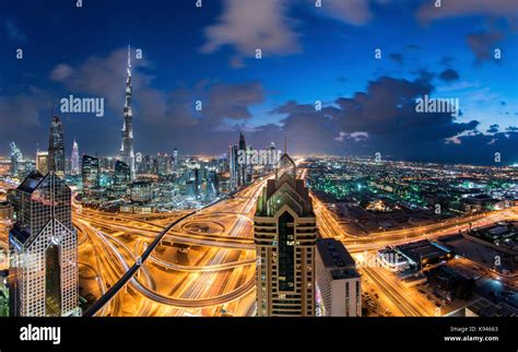 Cityscape Of Dubai United Arab Emirates At Dusk With The Burj Khalifa