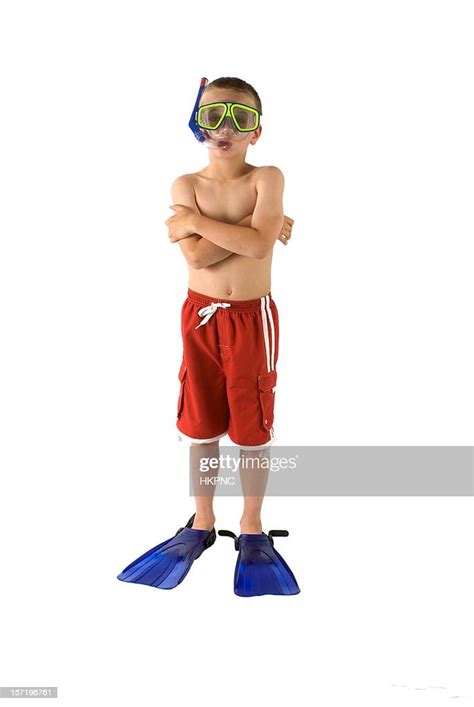 Swimmer Boy Ready For The Pool With Flippers Snorkel Mask High Res