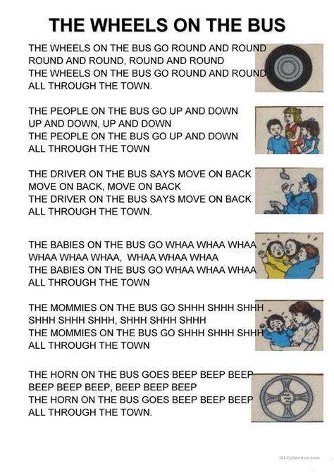 The wheels on the bus is a song known already in 1939 (published in the american childhood magazine, vol. The wheels on the bus worksheet - Free ESL printable ...