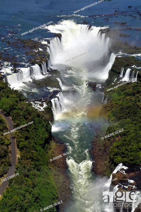 Aerial View Of Iguassu Falls And Rainbow Iguassu River Border Between
