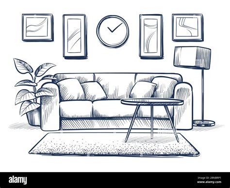 Sketch Interior Doodle Living Room With Sofa Cushions And Picture