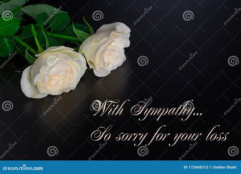 Deepest Condolence White Flowers On Black Background With Text Stock
